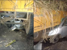 கரும்பு லாரி மீது கார் மோதல் – 4 பேர் சாவு