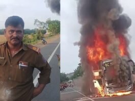 தீப்பிடித்து எரிந்த கர்நாடக அரசு பஸ் -பயணிகள் உயிர் தப்பினர்