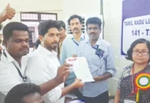 விஜய் சார்பாக திருச்சி கிழக்கில் வெற்றிச் சான்றிதழ் வாங்கிய கு.ப.கிருஷ்ணன் மகன்